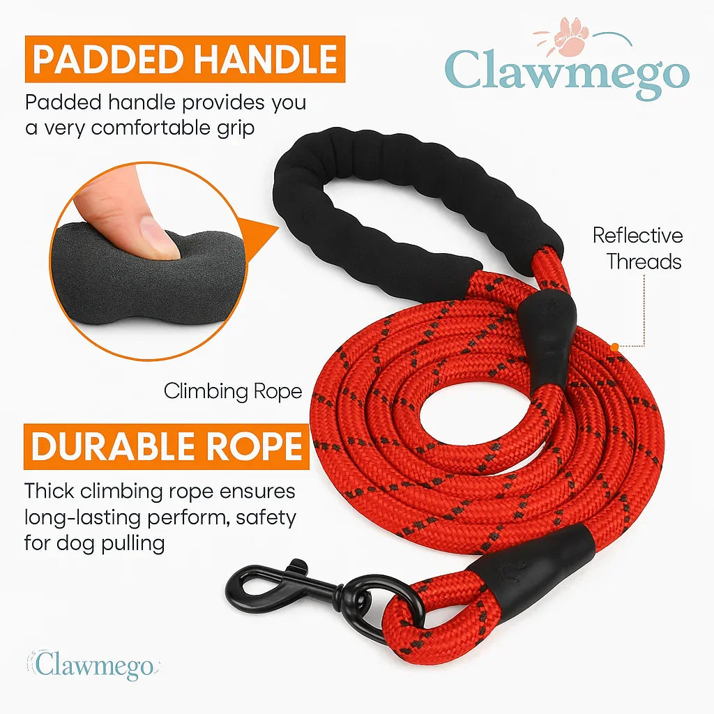 Clawmego Padded Braided Dog Leash – Heavy Duty, Comfort Grip Pet Leash- Closeup view 