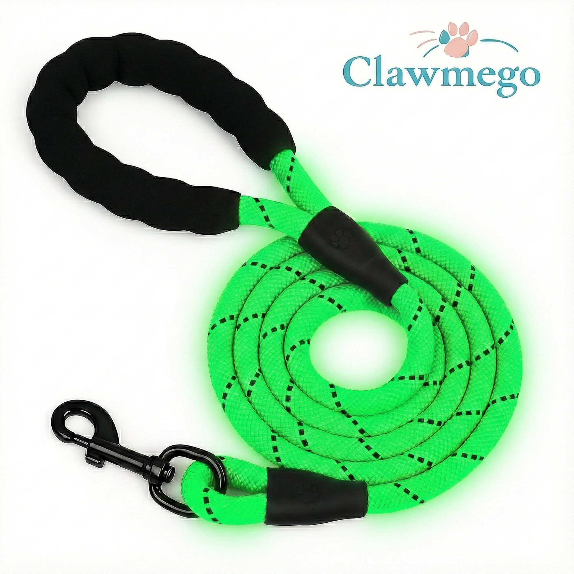 Clawmego Padded Braided Dog Leash (Neon Green Color) – Heavy Duty, Comfort Grip Pet Leash- Closeup view 