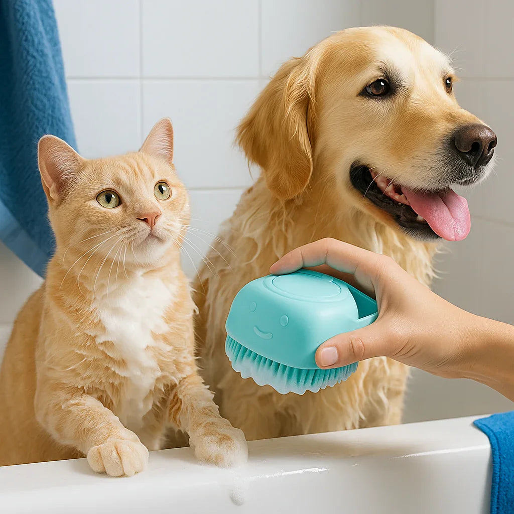 Clawmego Silicone Pet Bath Brush – Grooming Scrubber with Built-In Soap Dispenser- Product view 
