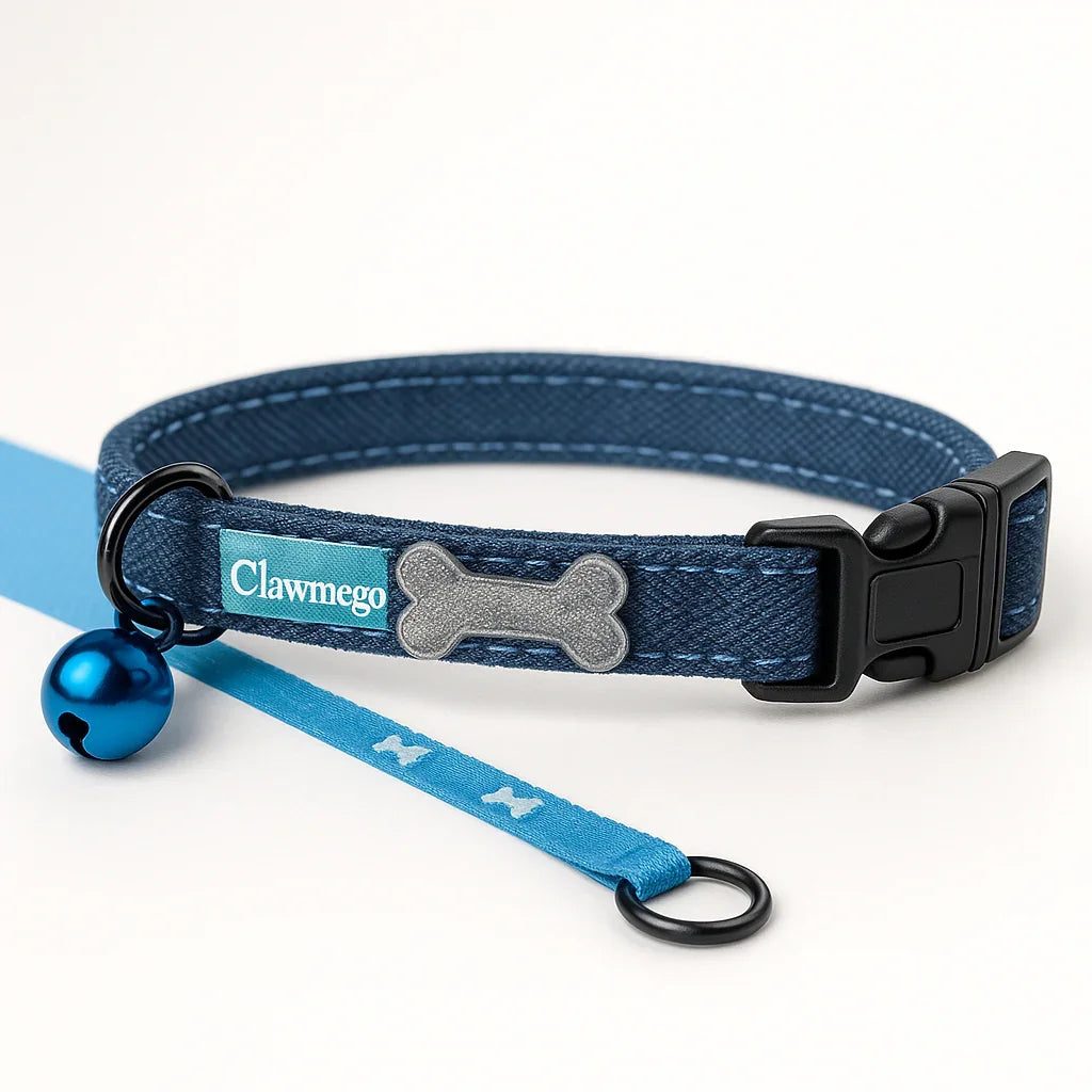 Denim Cat Collar with Bones Print – Adjustable, Safe & Comfort Fit, small pet front view