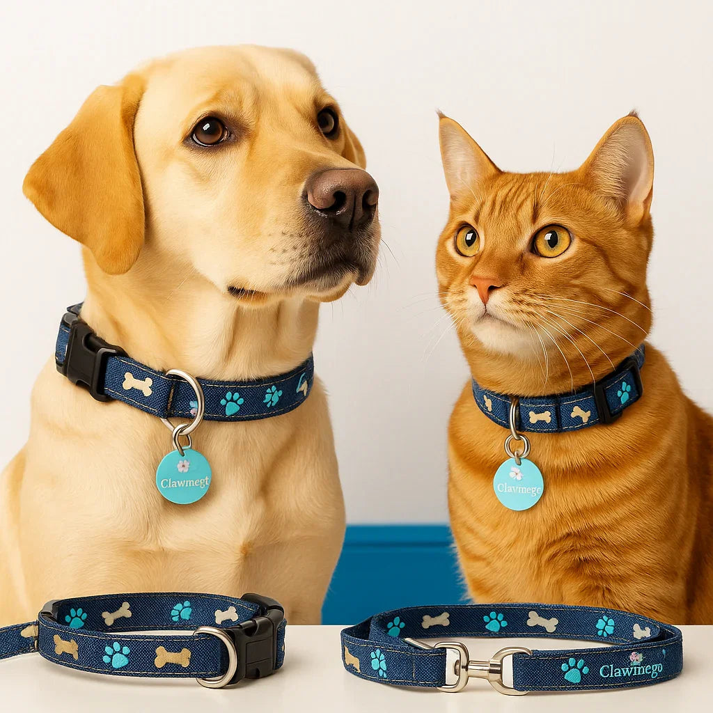 Denim Cat Collar with Bones Print – Adjustable, Safe & Comfort Fit, with name tag view
